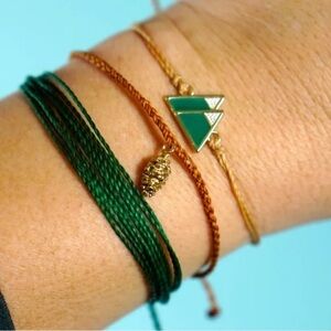 Pura Vida Bracelet Bundle Combo Set of 3. Mountain & Acorn Charms, Woven Green